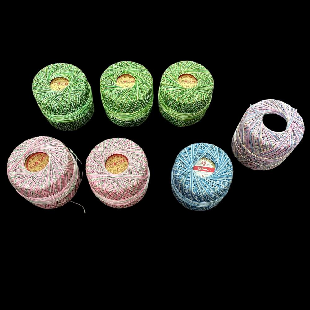 Clarks Big Ball Crochet Mercerized Variegated Thread Lot 7 Pink Green Blue READ